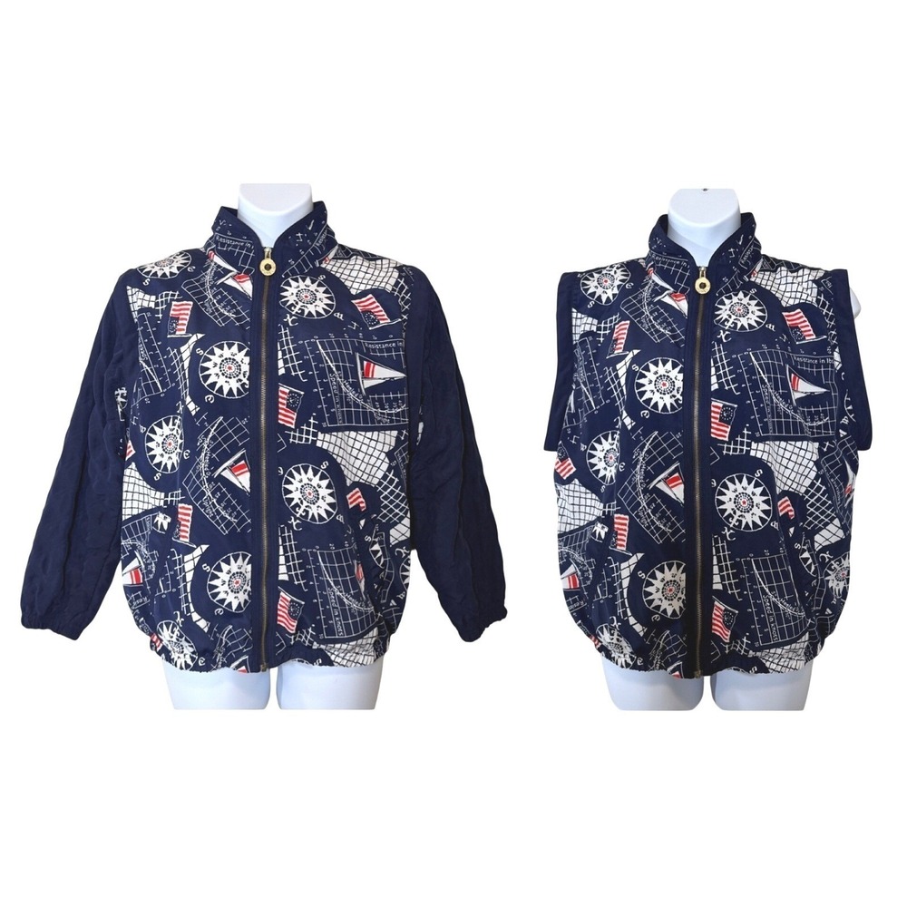 Vintage 90s Windbreaker Jacket/Vest Women Med Nautical Convertible Track Quilted